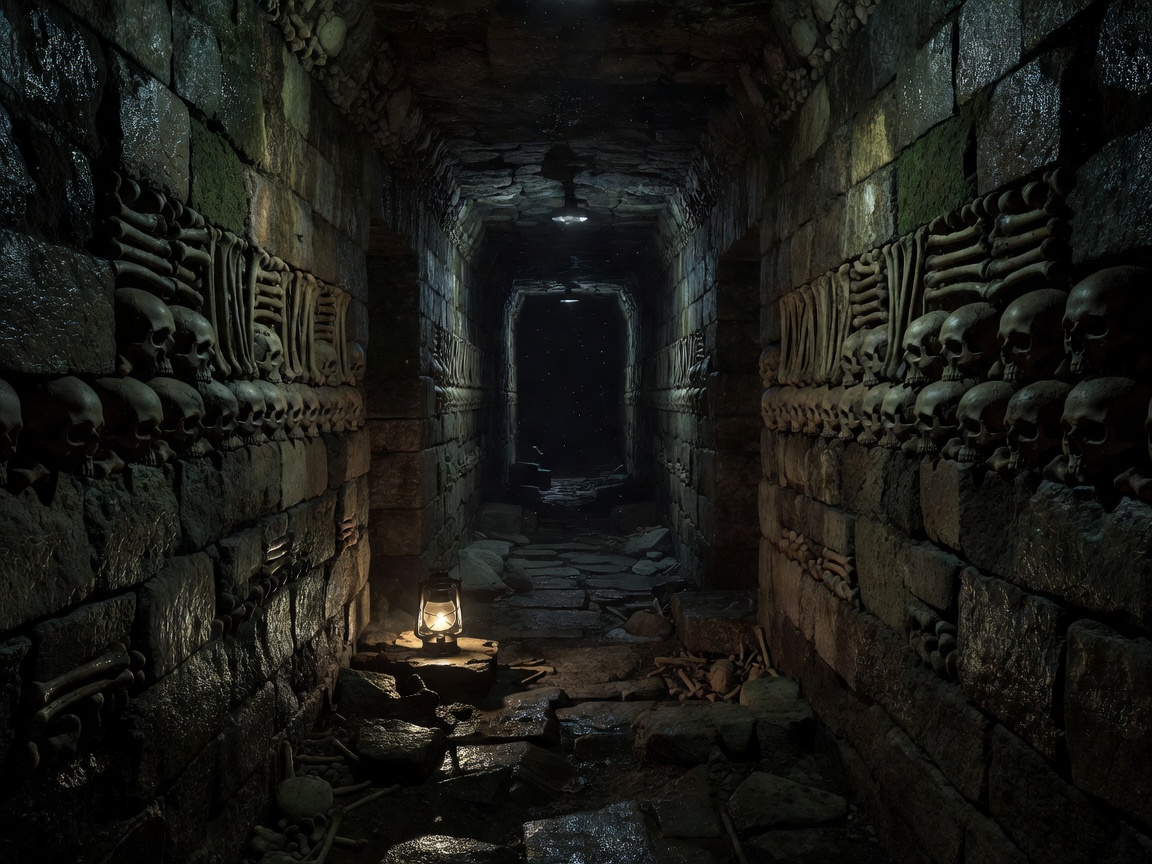 Dark underground Paris catacombs corridor with ancient stone walls