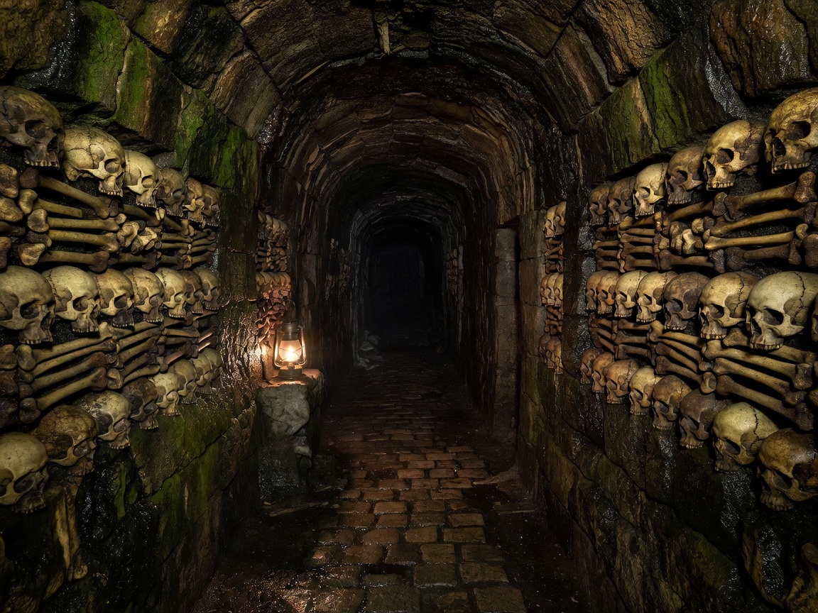 Subterranean urban stone tunnel in Paris catacombs